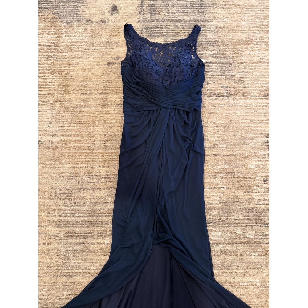 David's Bridal Gown Womens 10 Blue Lace Mesh Mermaid Ruched Maxi Formal Wedding